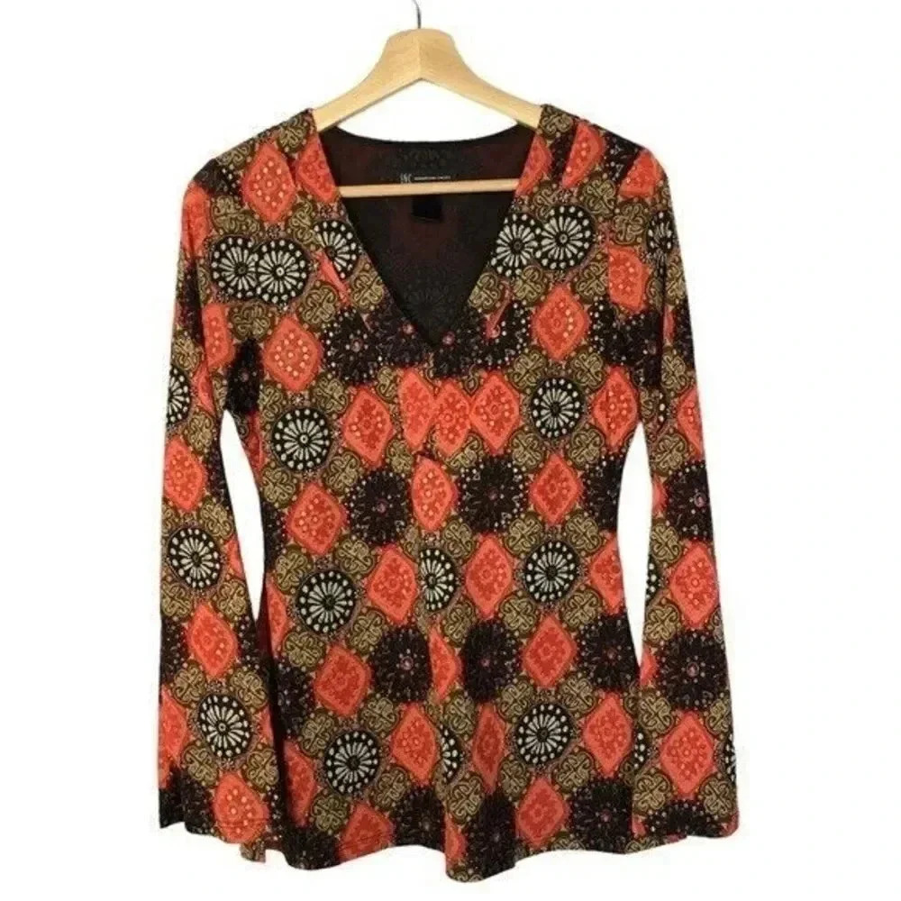 INC International Y2K Orange & Brown Printed Long Sleeve M